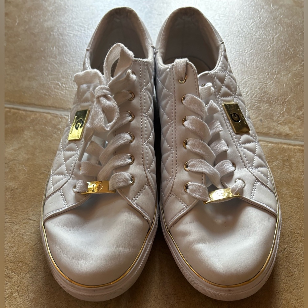 G by Guess White Quilted Lace-Up Sneakers with Gold Accents